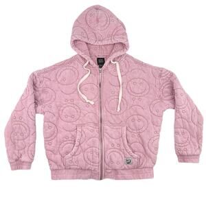 BDG Pink Quilted Zip Hoodie Jacket Smiley Face Cozy Casual Lounge Women's XS